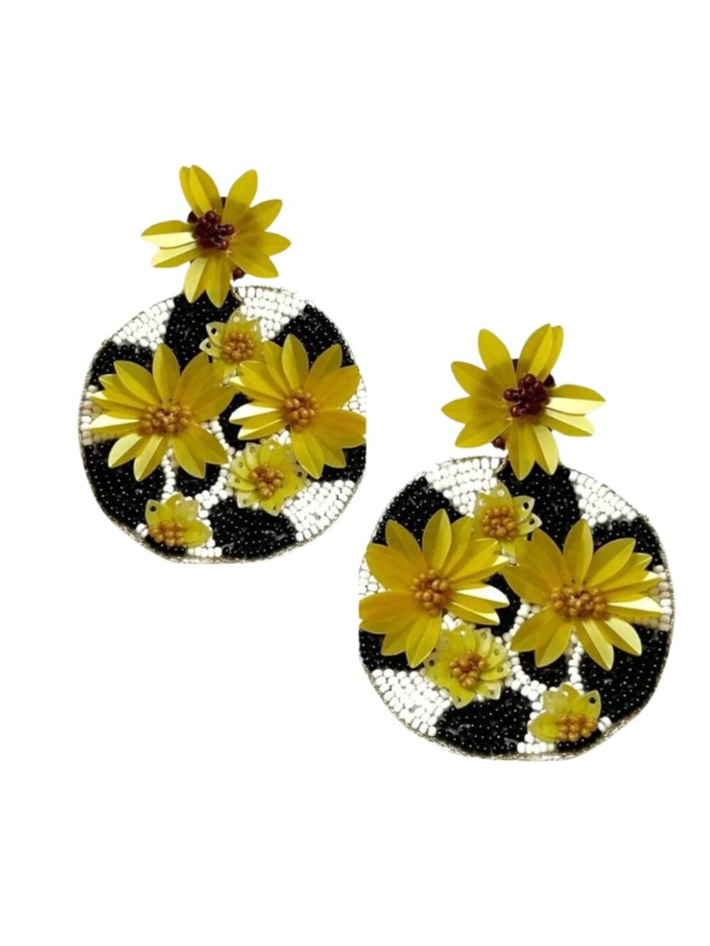 Cow Print Cowgirl Sunflower Fields Round Seed Beaded Earrings NEW - Picture 4 of 4